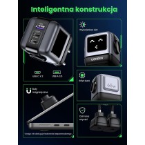 UGREEN Nexode RG Ładowarka USB C Robot o mocy 65 W Ładowarka GaN Zasilacz USB C 3-portowa szybka ładowarka Robot Kompatybilna z