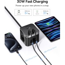 Baseus GaN5 listwa zasilająca USB C, 30 W, kostka, ładowarka USB C, 3-krotne gniazdko z przełącznikiem, przenośna ładowarka PD