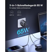 Baseus Ładowarka USB C, 65 W, zasilacz USB C, 3-portowy ładowarka PD, ładowarka z PPS, GaN szybka ładowarka kompatybilna z