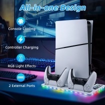 Tolesum Pionowy stojak chłodzący do PS5/PS5 Slim, podwójny uchwyt ładujący PS5 z USB/3-poziomowym wentylatorem/światłem RGB do