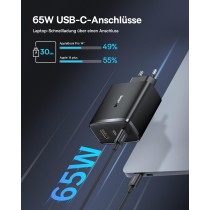 Baseus Ładowarka USB C, 65 W, zasilacz USB C, 3-portowy ładowarka PD, ładowarka z PPS, GaN szybka ładowarka kompatybilna z