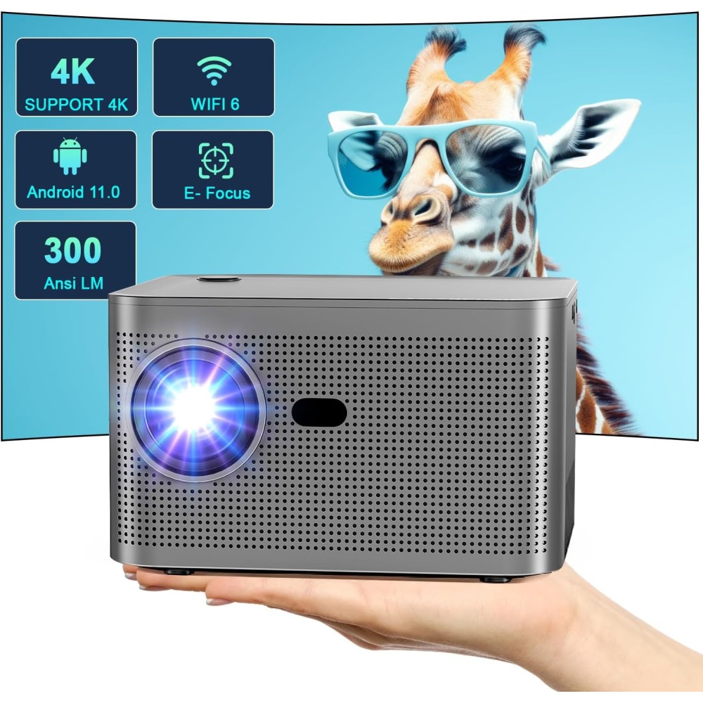 [Elektryczna ostrość] Mini projektor 4K 1080P Full HD obsługuje 300 ANSI Smart projektor z WiFi6, BT 5.0, ekran 150 cali,