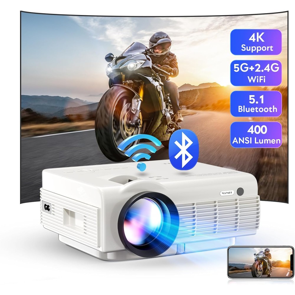 Projektor YEZMEK Native 1080P Full HD 5G WiFi Bluetooth, 15 000 lumenów, mini projektor LED obsługuje 4K, projektor kina