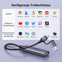 UGREEN Karta przechwytująca wideo Karta przechwytująca HDMI, HDMI na USB A+C 4K 30 Hz 1080P do gier, transmisji strumieniowej